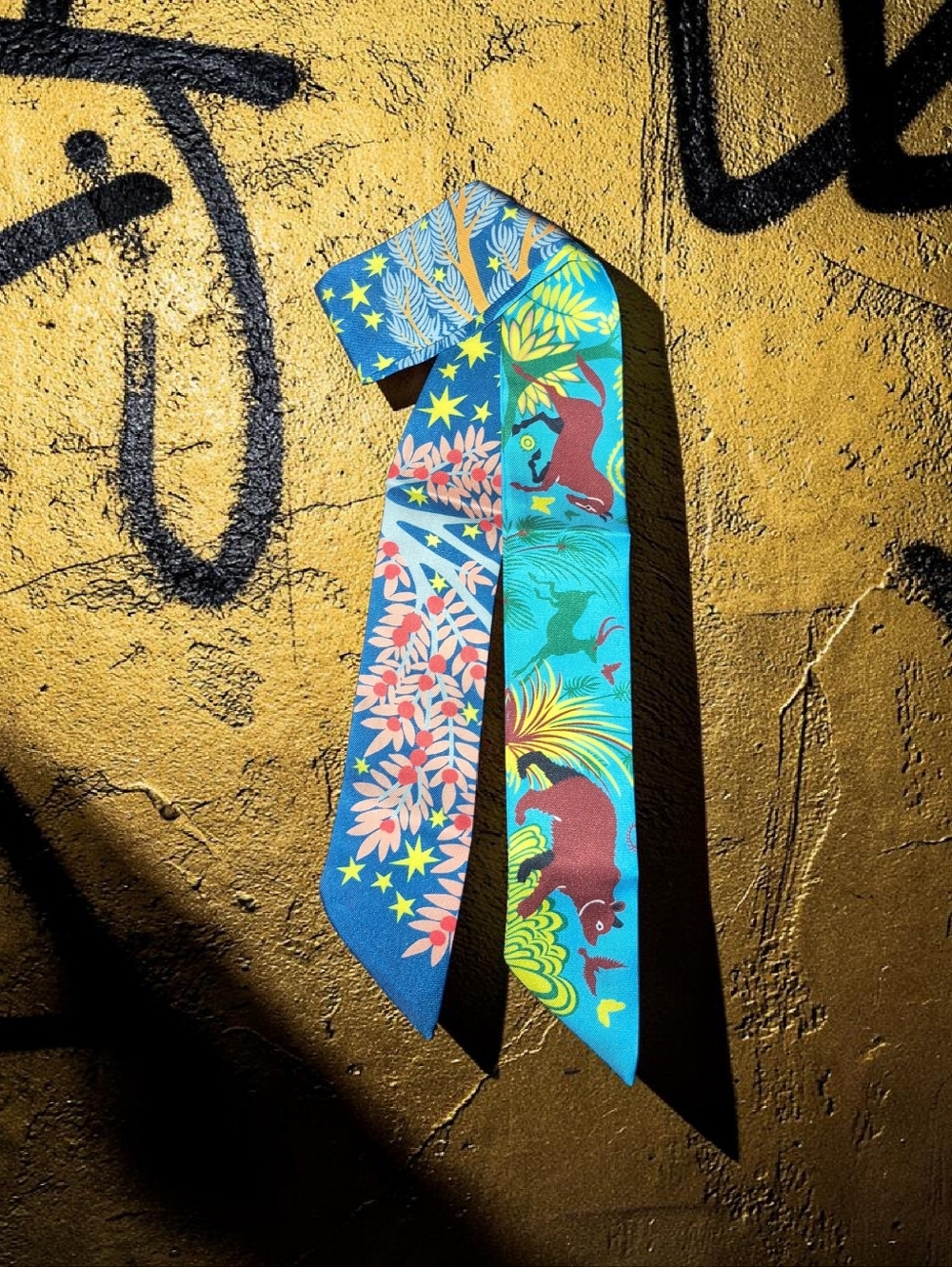 Twilly-style Satin Scarf Tie with Bear & Leaf Motif